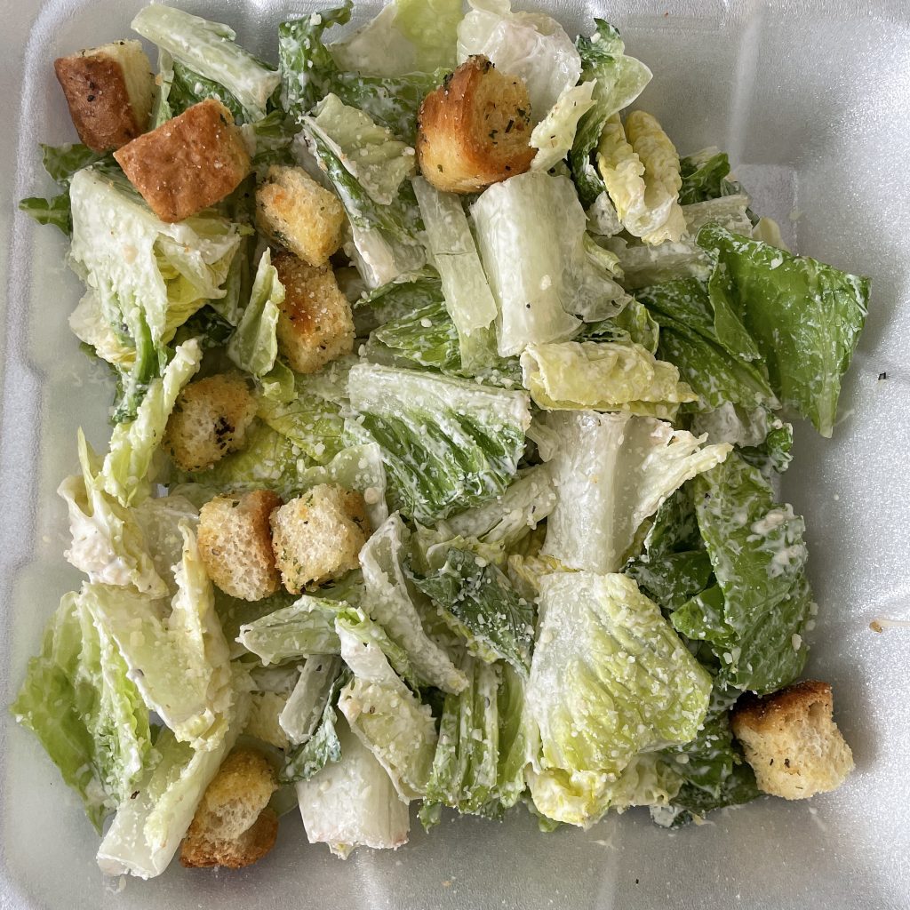 A caesar salad ($6.99) impressed us. Neat squares of crisp, fresh, and cold romaine were coated with a creamy, gently tangy dressing and crowned with excellent large garlicky croutons.