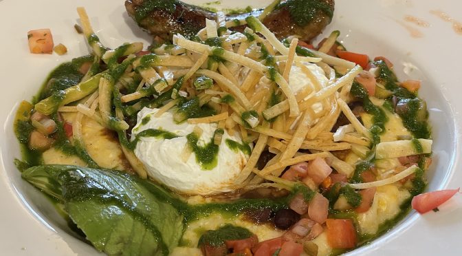 The huevos rancheros grit bowl brings South of the Border flavors to the table with pico de gallo, black beans and tortillas to accompany poached eggs and cheese grits.