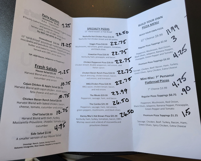 Dan McMahon's marked-up menu on which he reluctantly planned an across-the-board price increase. (Some of the final increases were a little less.)
