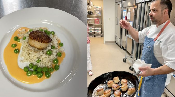 Chef Anthony Lamas demonstrates high-heat pan searing with a skillet full of scallops. (Finished dish pictured at left.)