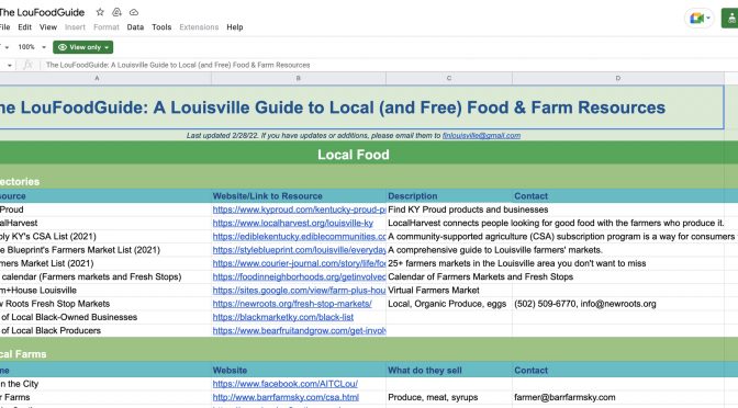 The LouFoodGuide: A Louisville Guide to Local (and Free) Food & Farm Resources, was built by Louisville Food in Neighborhoods as a community resource. (Link: bit.ly/LouFoodGuide)