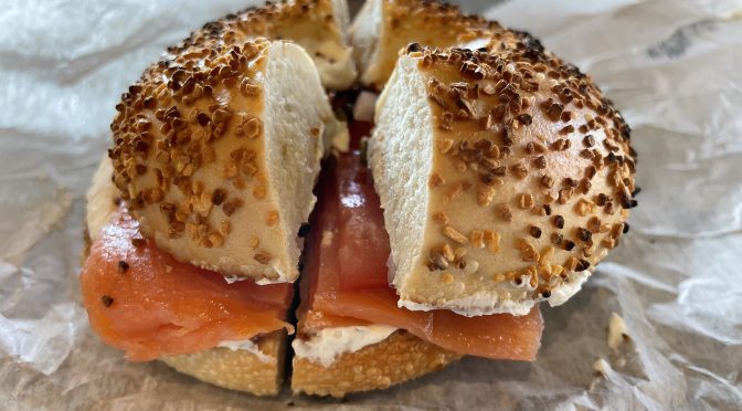 What could be more traditional than an everything bagel with lox and cream cheese? The model at Maya is large and delicious, a breakfast on a bun.
