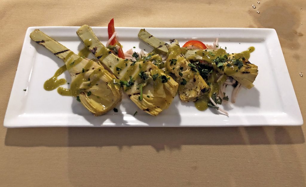 It often makes sense for a solo dinner to dine on a couple of appetizers. A grilled Roman artichoke app at Anoosh Bistro a while back was so good that we ordered seconds.