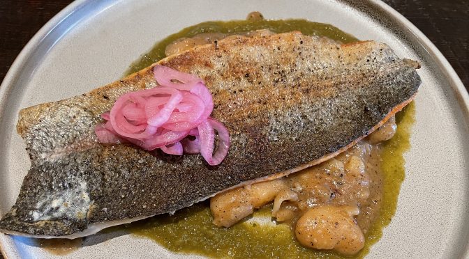 A fillet of Idaho Snake River farm-raised Riverence trout made a delicious entree at the elegant farm-to-table restaurant Barn 8 in Goshen, Ky.