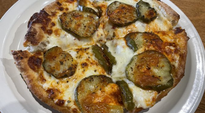 Behold, Craft House Pizza's spicy pickle pizza! It's no longer listed on the menu, but our friendly server had no problem summoning one for me.