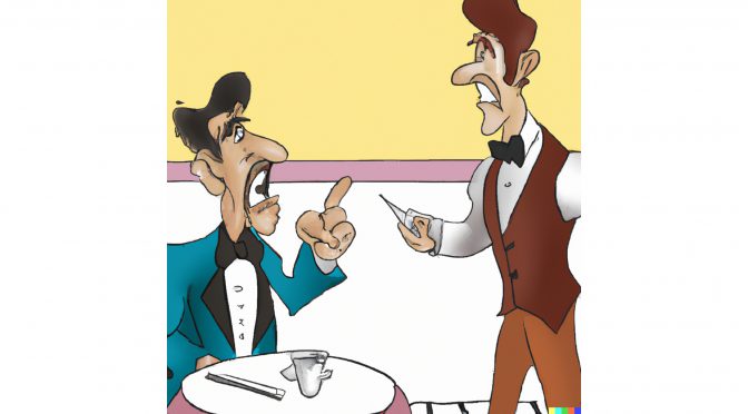 An angry exchange between a diner and a waiter. Cartoon-style image created with the assistance of DALL-E-2.