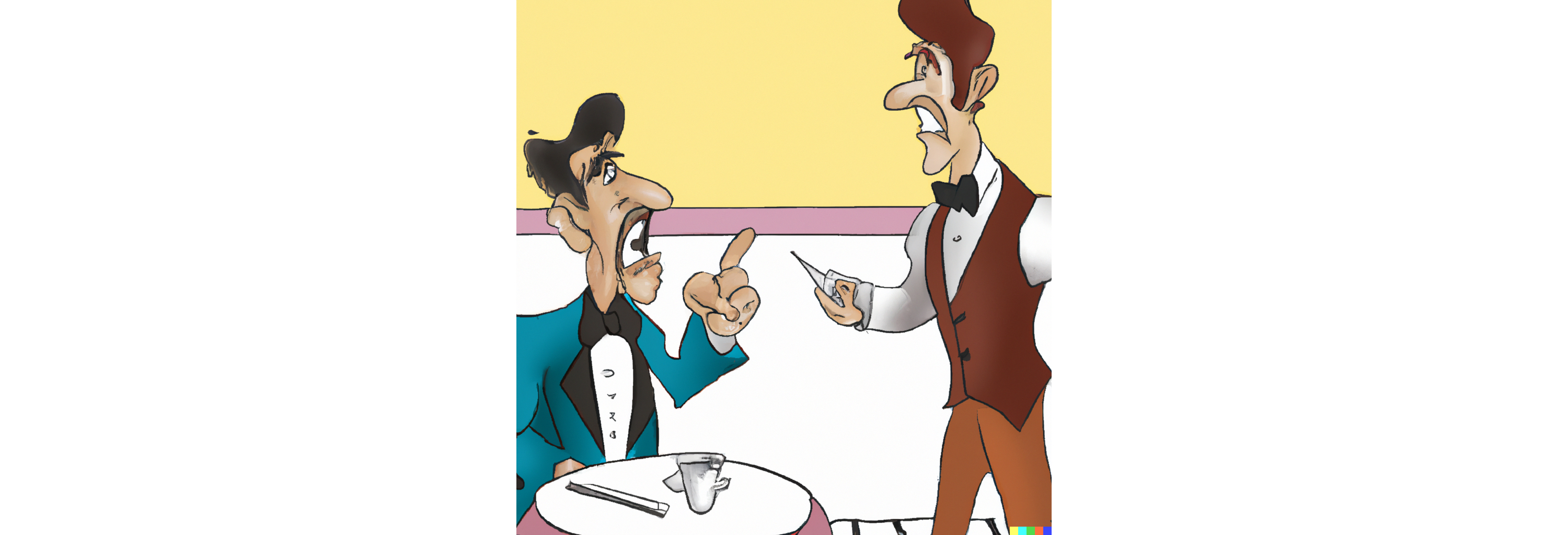 An angry exchange between a diner and a waiter. Cartoon-style image created with the assistance of DALL-E-2.