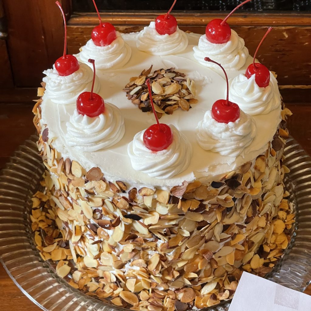 The winner! Amanda and Eleanor Brainard’s Almond maraschino cake with Amaretto was expertly baked and finished and showed a professional-level command of flavor. It took first prize.