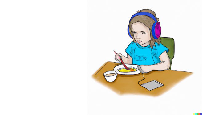 Cartoon image of a neurodivergent child enjoying a meal while wearing headphones to diminish distracting outside noise. Image created with the assistance of DALL·E 2.