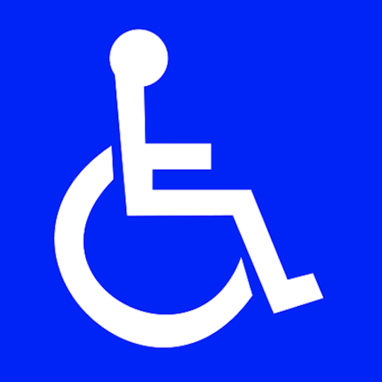 Universal wheelchair accessibility symbol, public-domain image from The Accessible Icon Project.