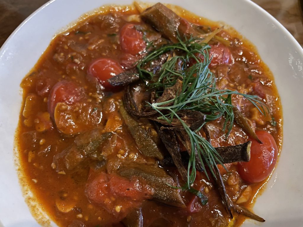 Barr Farms okra and tomato stew is billed as a side but made an appetizing, warming small plate.