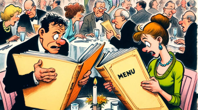 A color cartoon created by Open AI's Dall-E with the prompt: "Cartoon in the classic New Yorker style, depicting a man and a woman sitting at a restaurant table. They are comically struggling with very large menus."