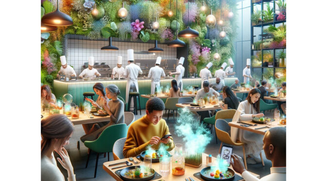 Restaurant image created by OpenAI's DALL-E with the intentionally vague prompt "Paint a whimsical image inspired by current restaurant trends."