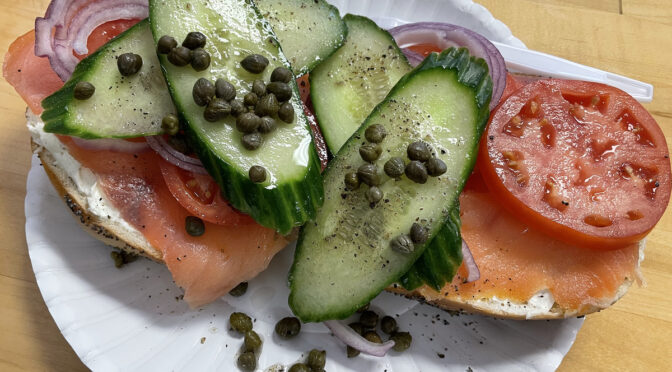 Far too big to pick up and eat out of hand, Born2Bagel's lox and cream cheese sandwich on onion bagel with capers rewards the knife-and-fork approach.