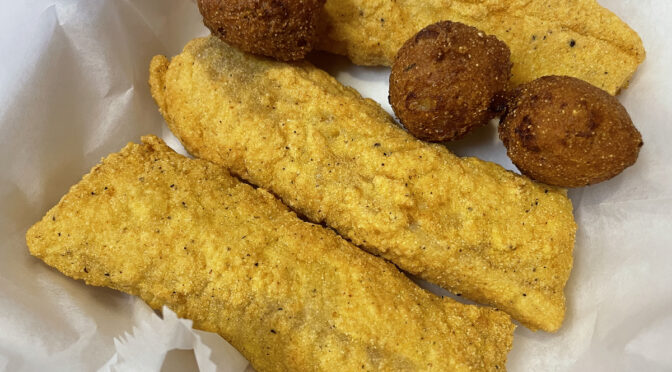 Oddly shaped but perfectly fried and delicious, Sharks' fried cod comes in three crunchy, tubular portions.